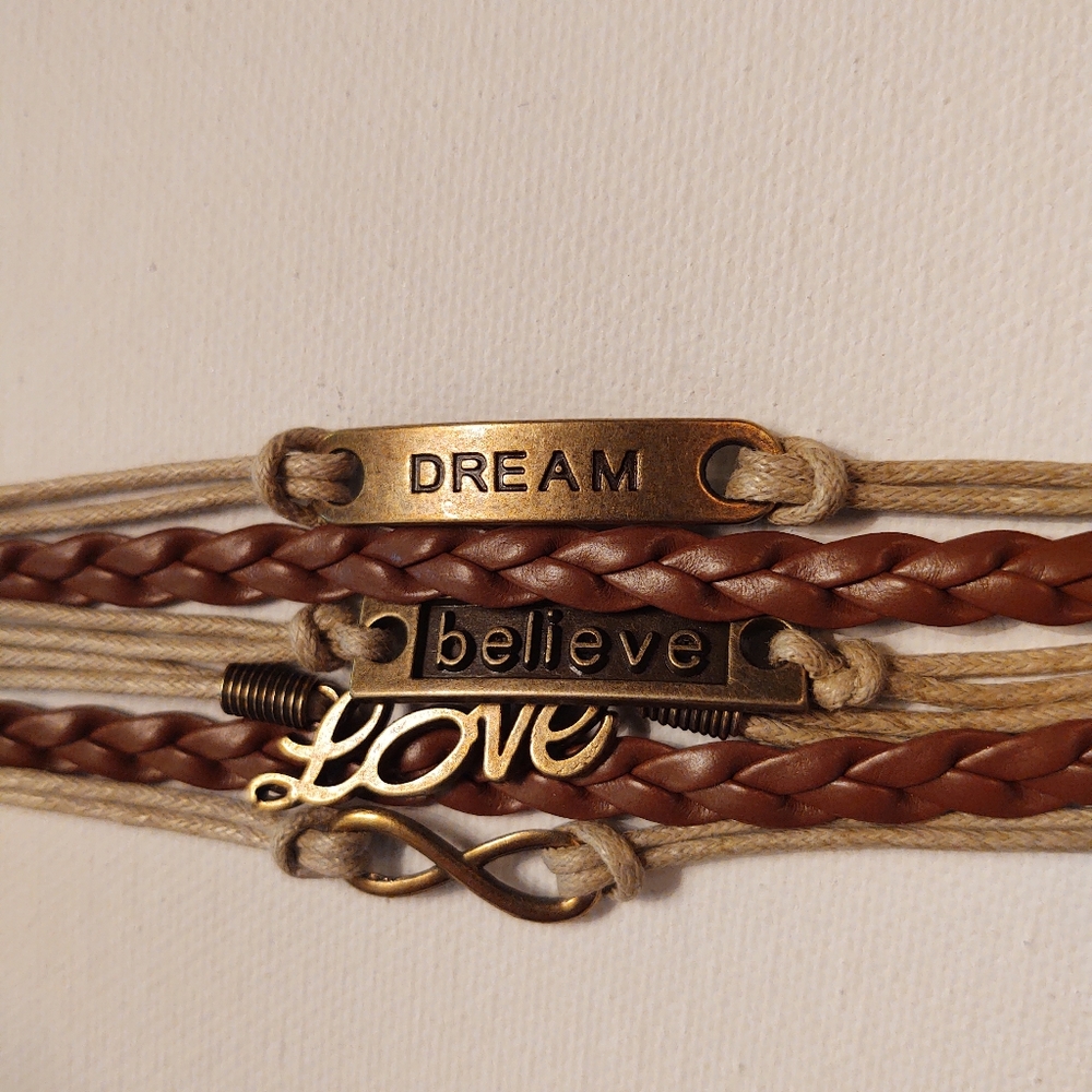 Leather braided bracelet. Dream, Believe, Love, infinity. NWOT.